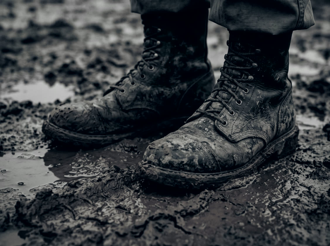 Mud-caked boots in red clay.