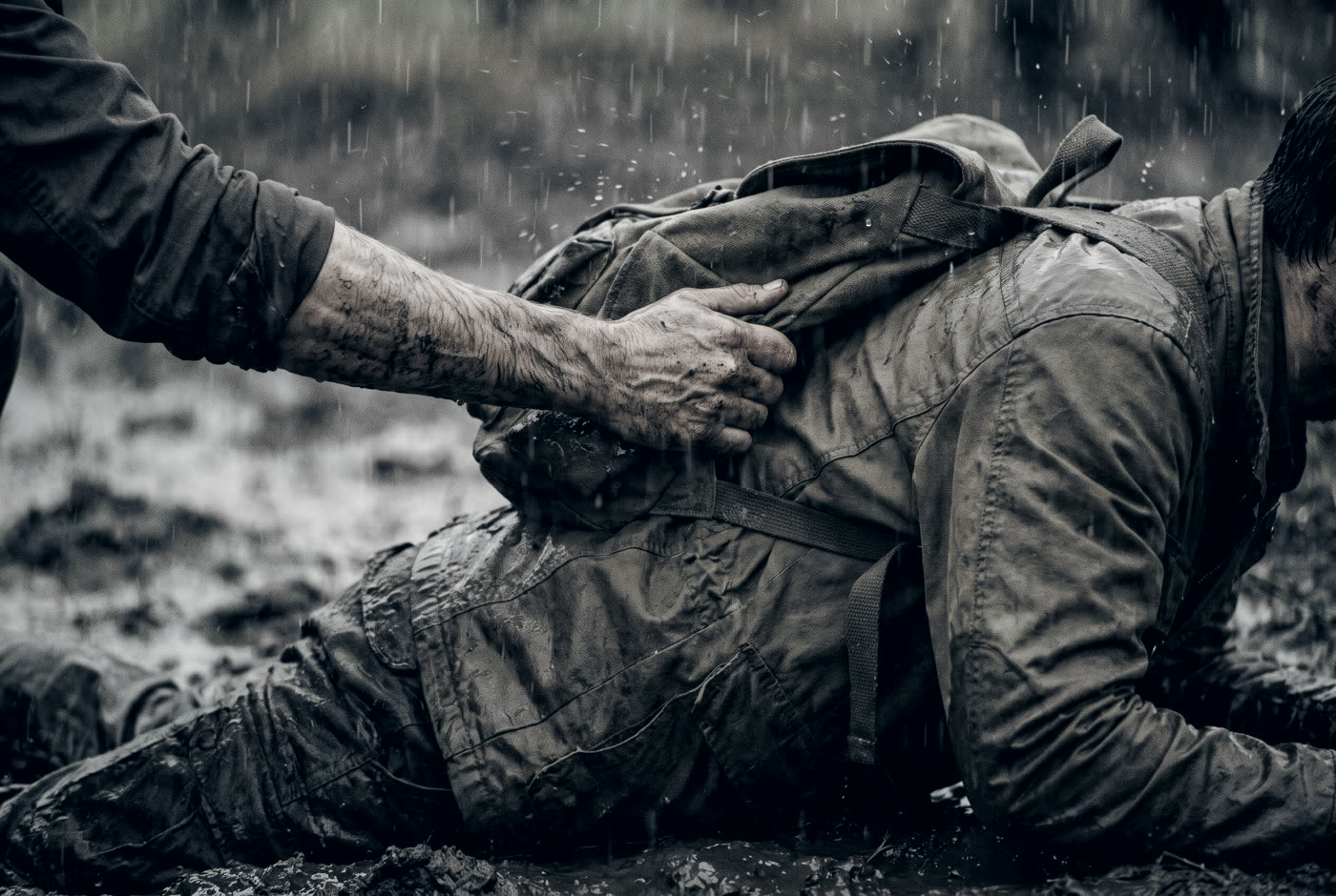 A filthy hand grips another man's pack strap and hauls him upright out of the mud.