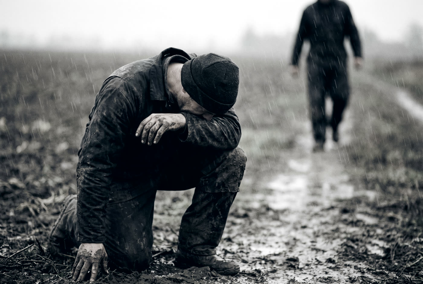 A man down on one knee in the mud and rain, forehead pressed into his own forearm.